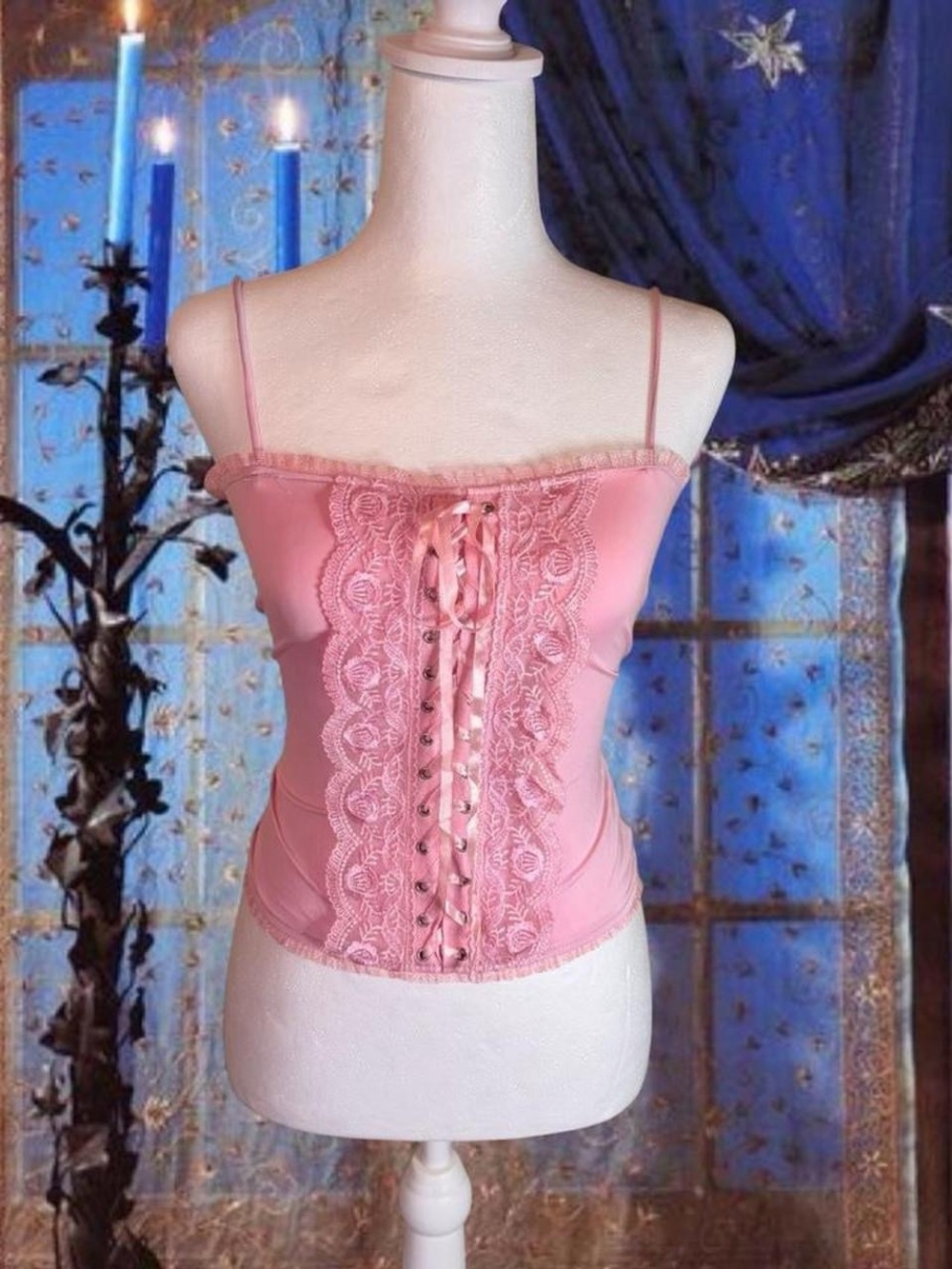 Vintage Y2K Deadstock Pink Fairycore Coquette Lacey Rose Design Corset Top